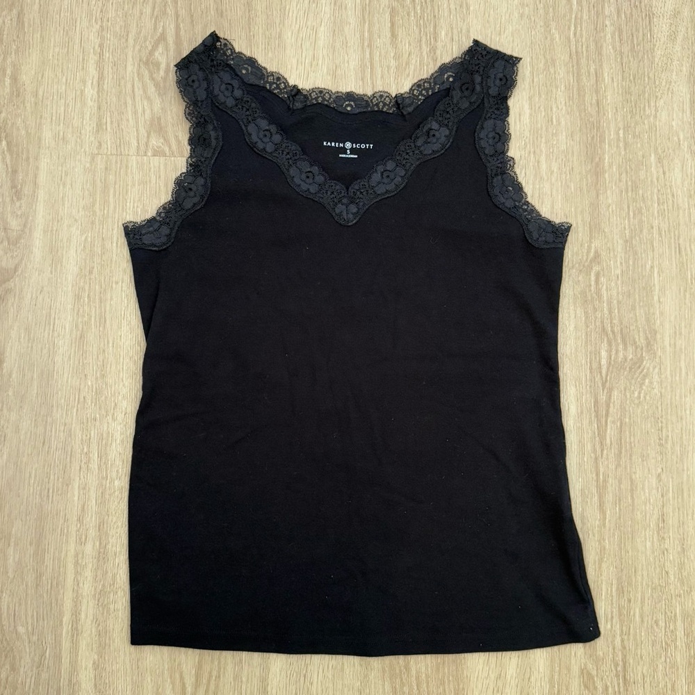 Gently Used Karen Scott Size Small Black Cotton Tank Top with Lace Trim